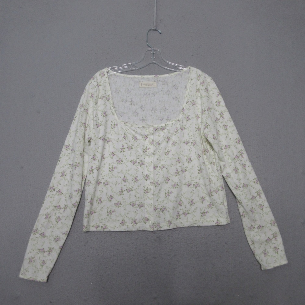 Lucky Brand Top Ditsy Floral Pointelle Button Cottage Core Peasant Square Neck
